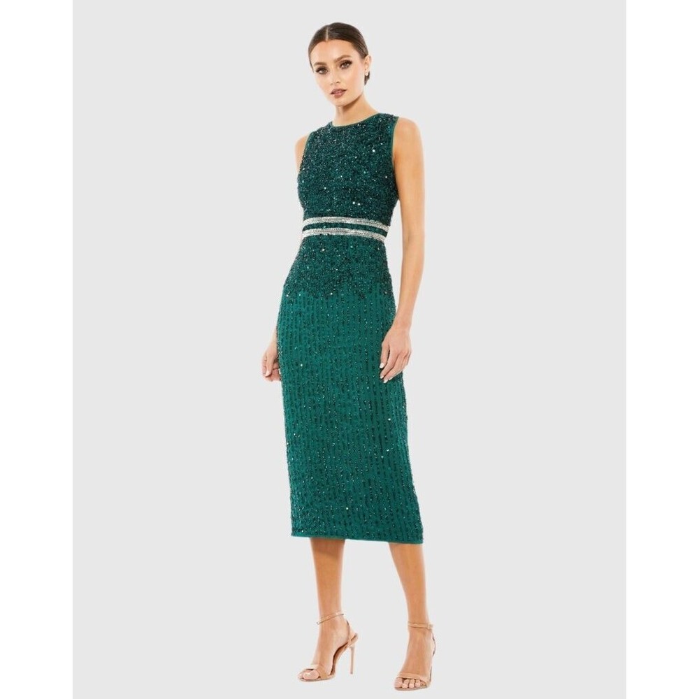 Mac Duggal 10509 Vertical Sequin Midi Sheath Dress Size 0